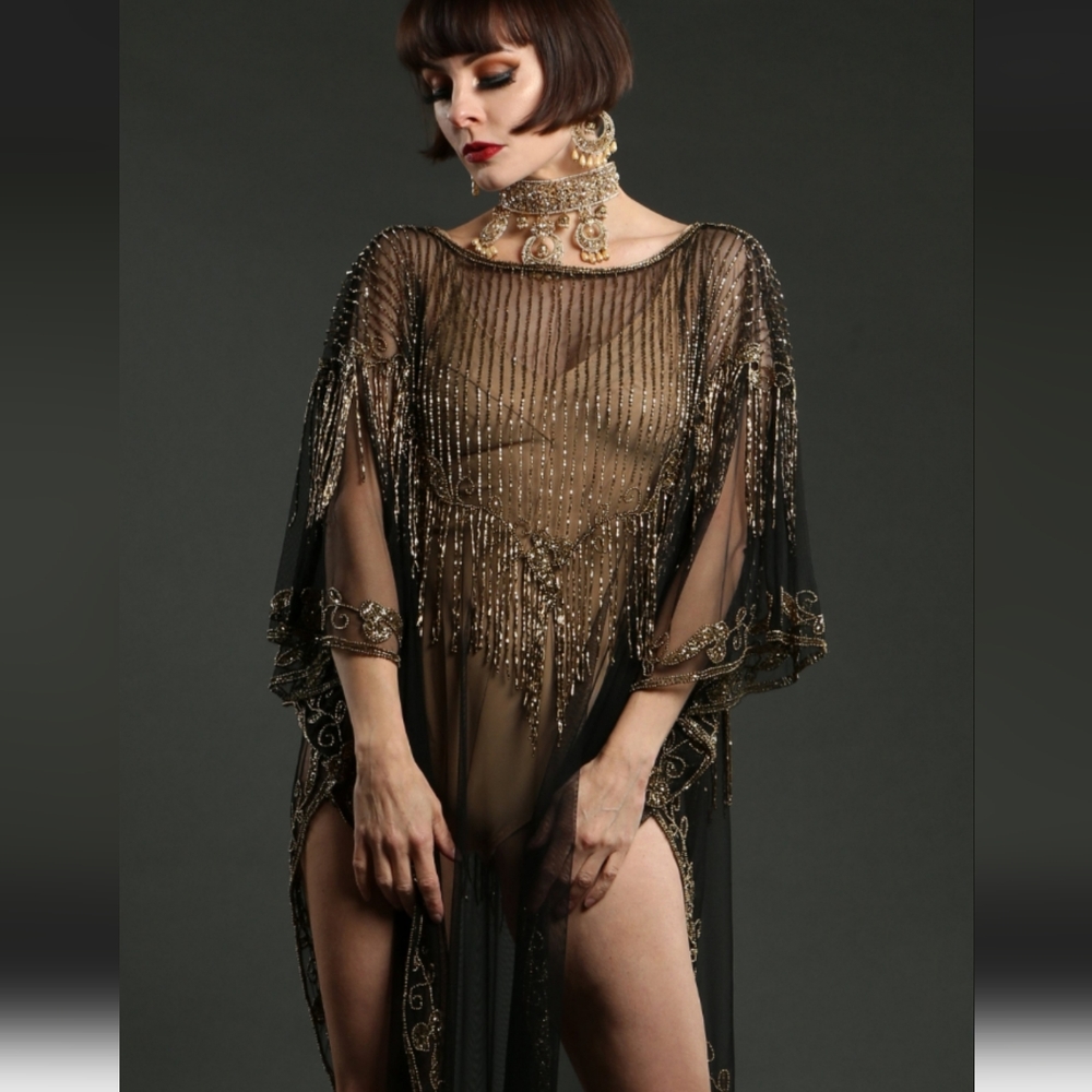 Deco black beaded sheer kaftan